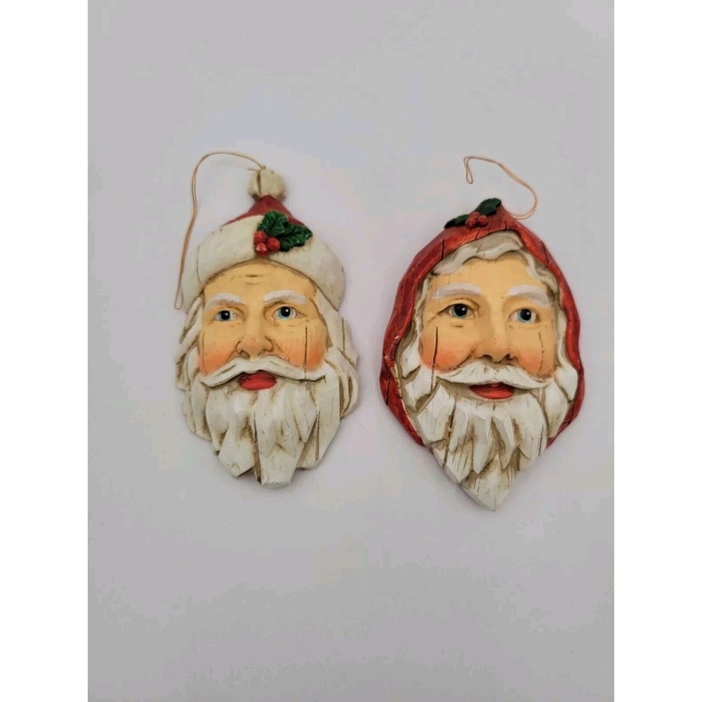 Lot Of 2 Faux Carved Wood Rustic Santa Head Ornaments Christmas Resin Santa Face